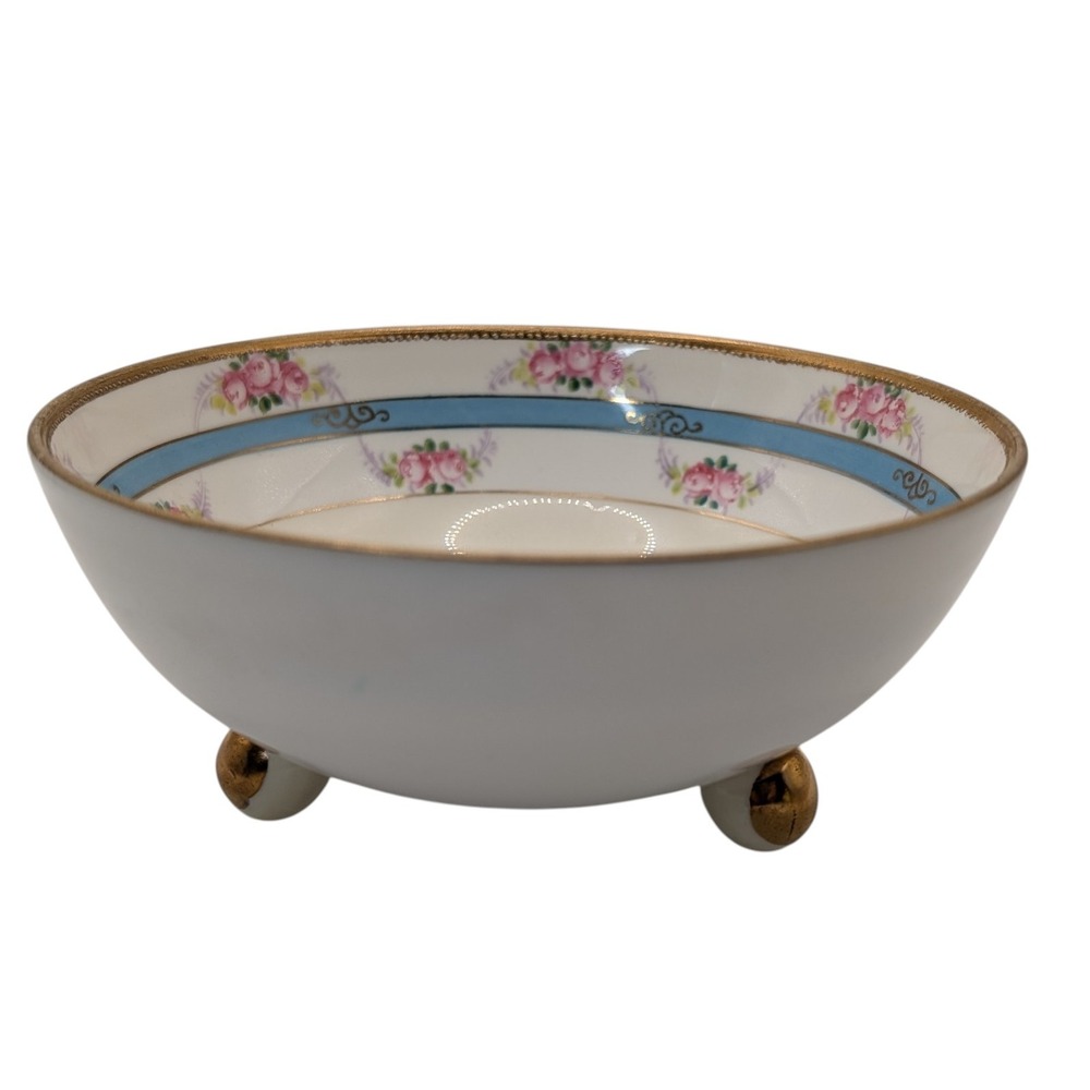 Antique Nippon Hand Painted Bowl Pink Floral Three Footed‎ Gold Trim Blue Stripe